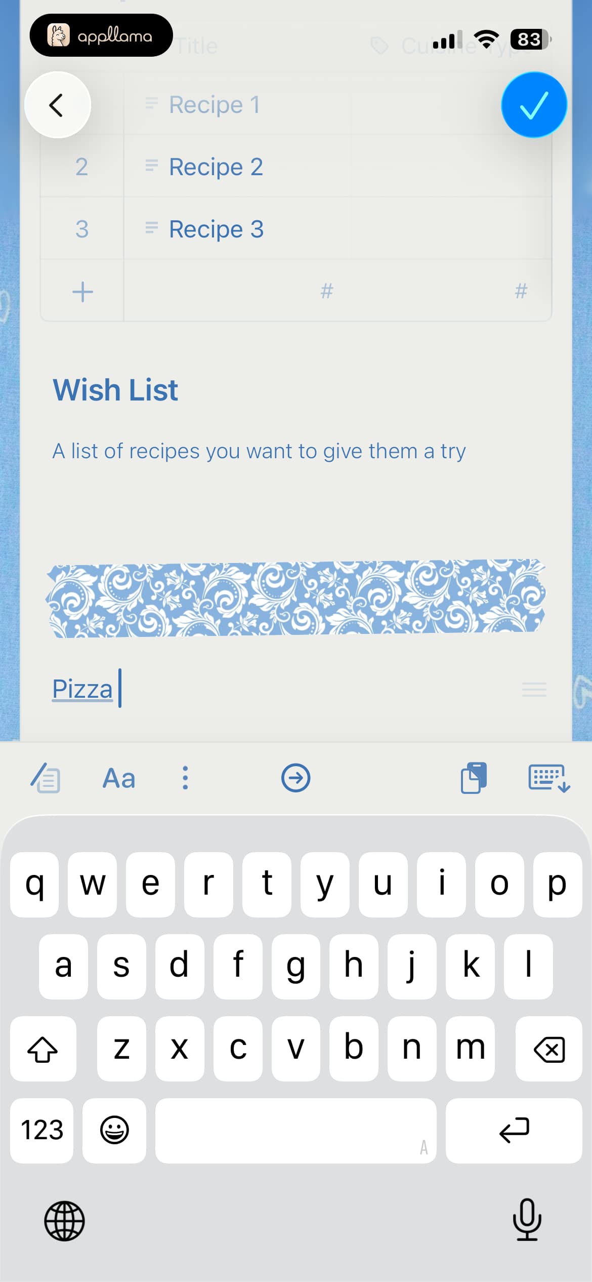 Recipe Edit Keyboard