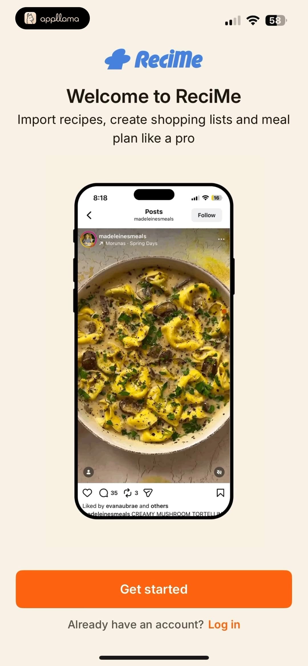 ReciMe: Recipes & Meal Planner home screen