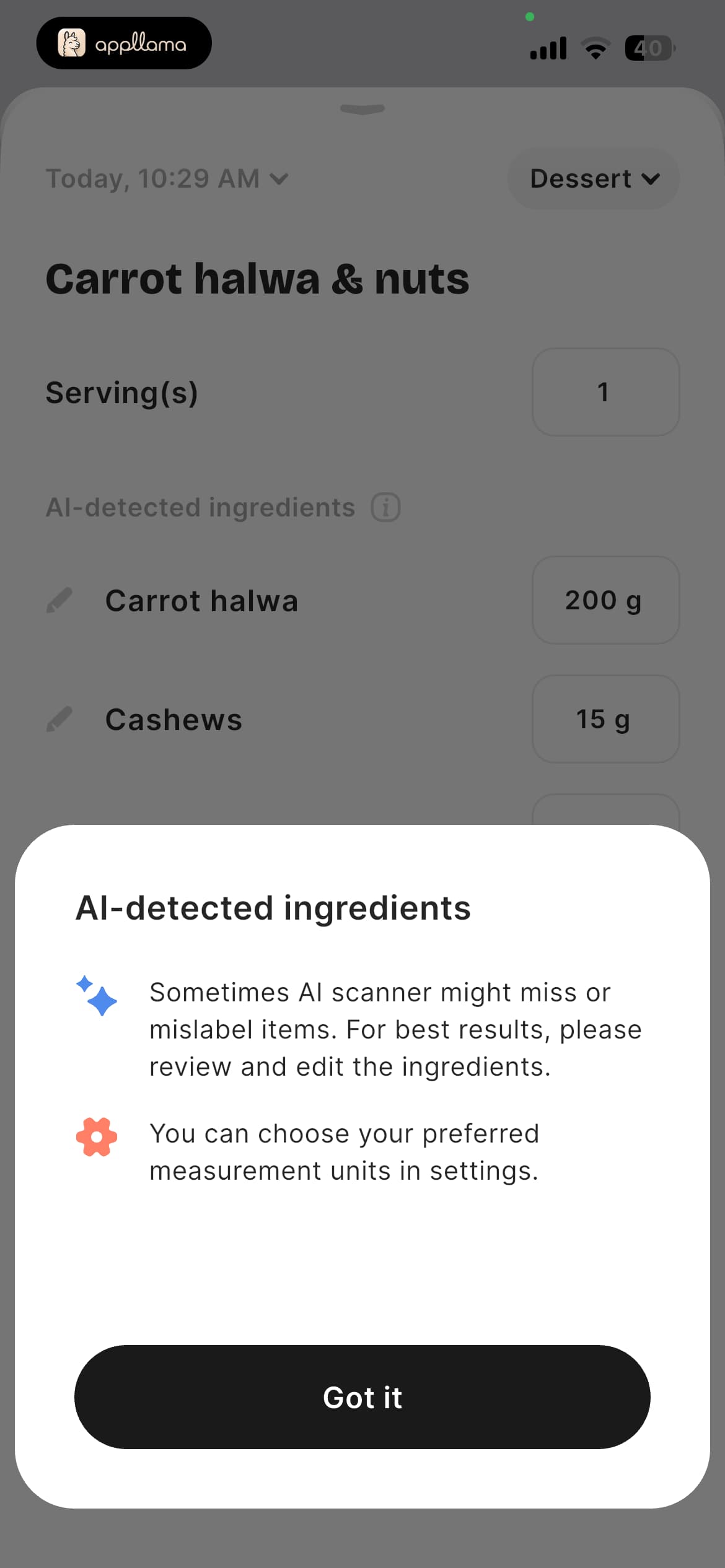 AI ingredients modal