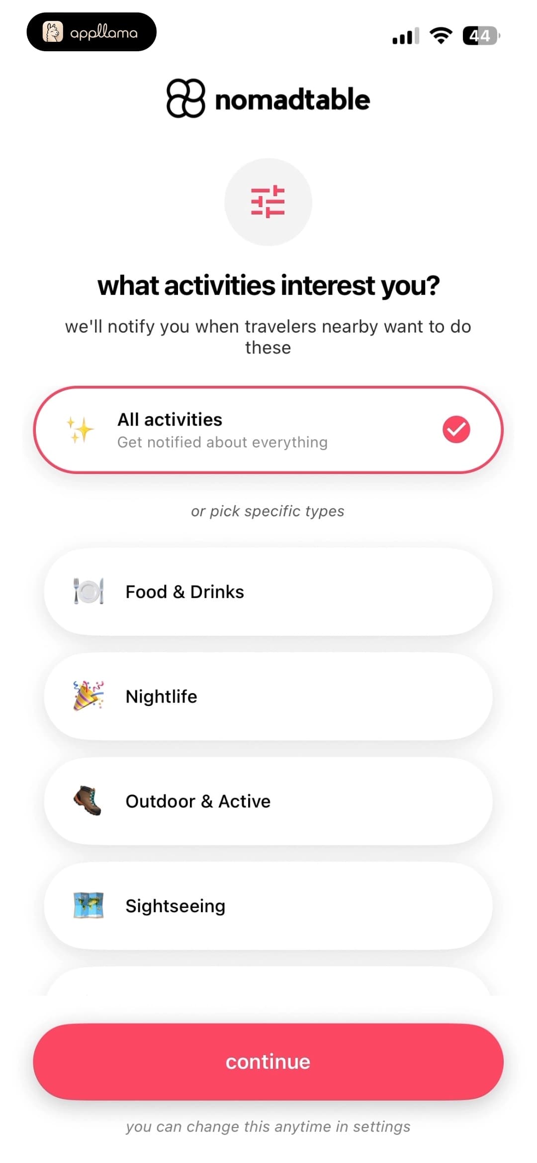 Activity Interest Selection
