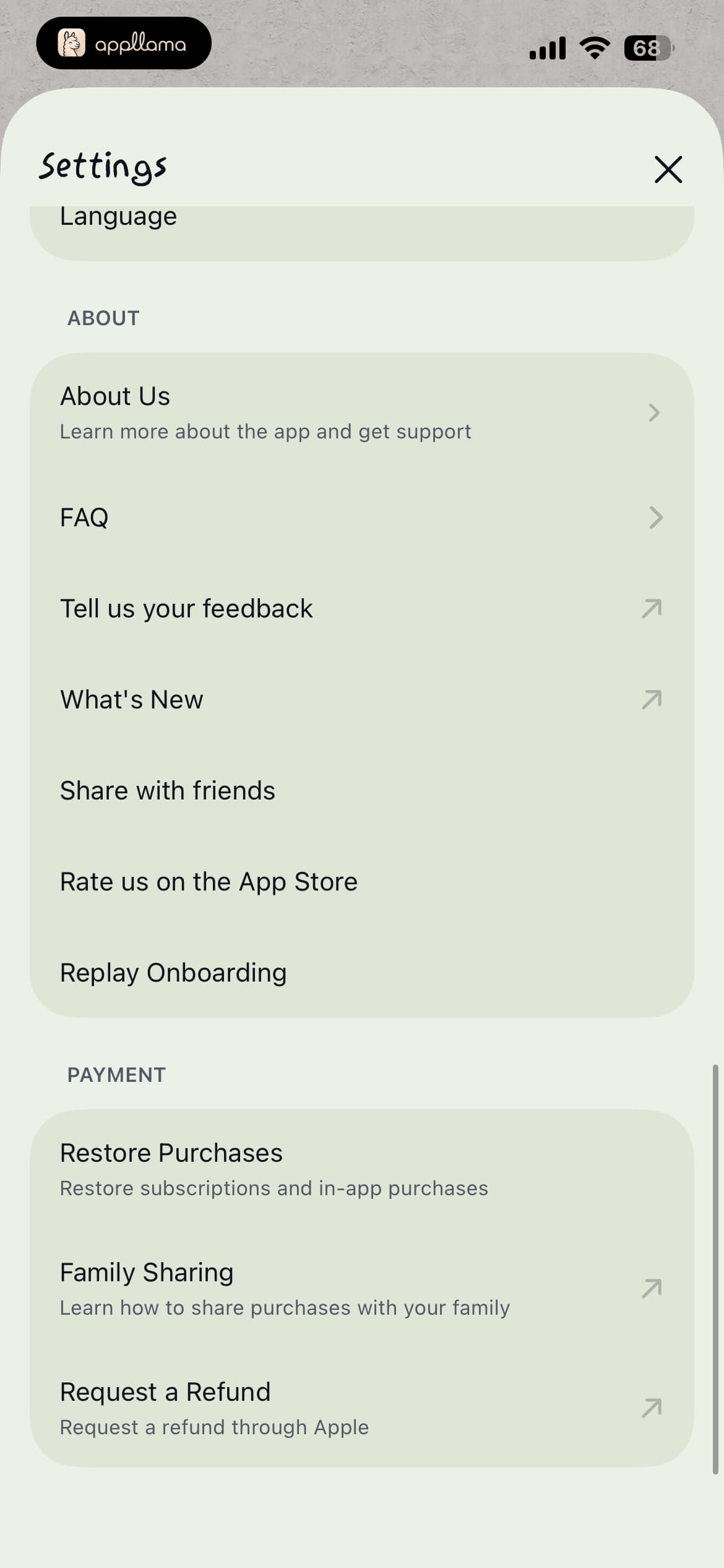Settings About Payment